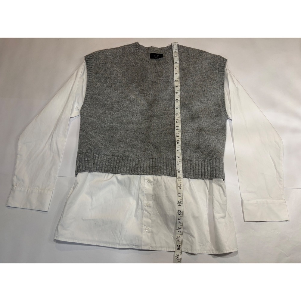 NEW VICI Grey Knit Sweater Vest White Button Down Layered Tie Back Top Small - Picture 3 of 13